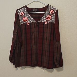 SHYANNE‎ WOMEN'S EMBROIDERED BOHO TOP Size L red, plaid